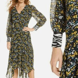 Long sleeves with two-button cuffs Surplice V-Neck Hankerchief Hem Midi Dress Ze